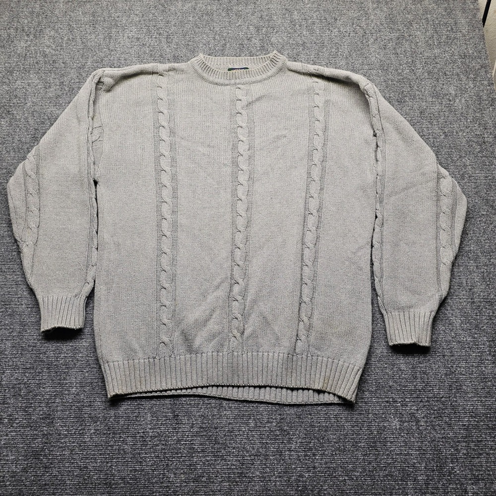 Cambridge Classics Mens Large Gray Cable Knit 100% Cotton Crewneck Sweater